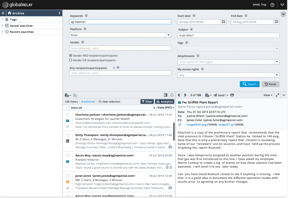 screenshot of Global Relay Archive